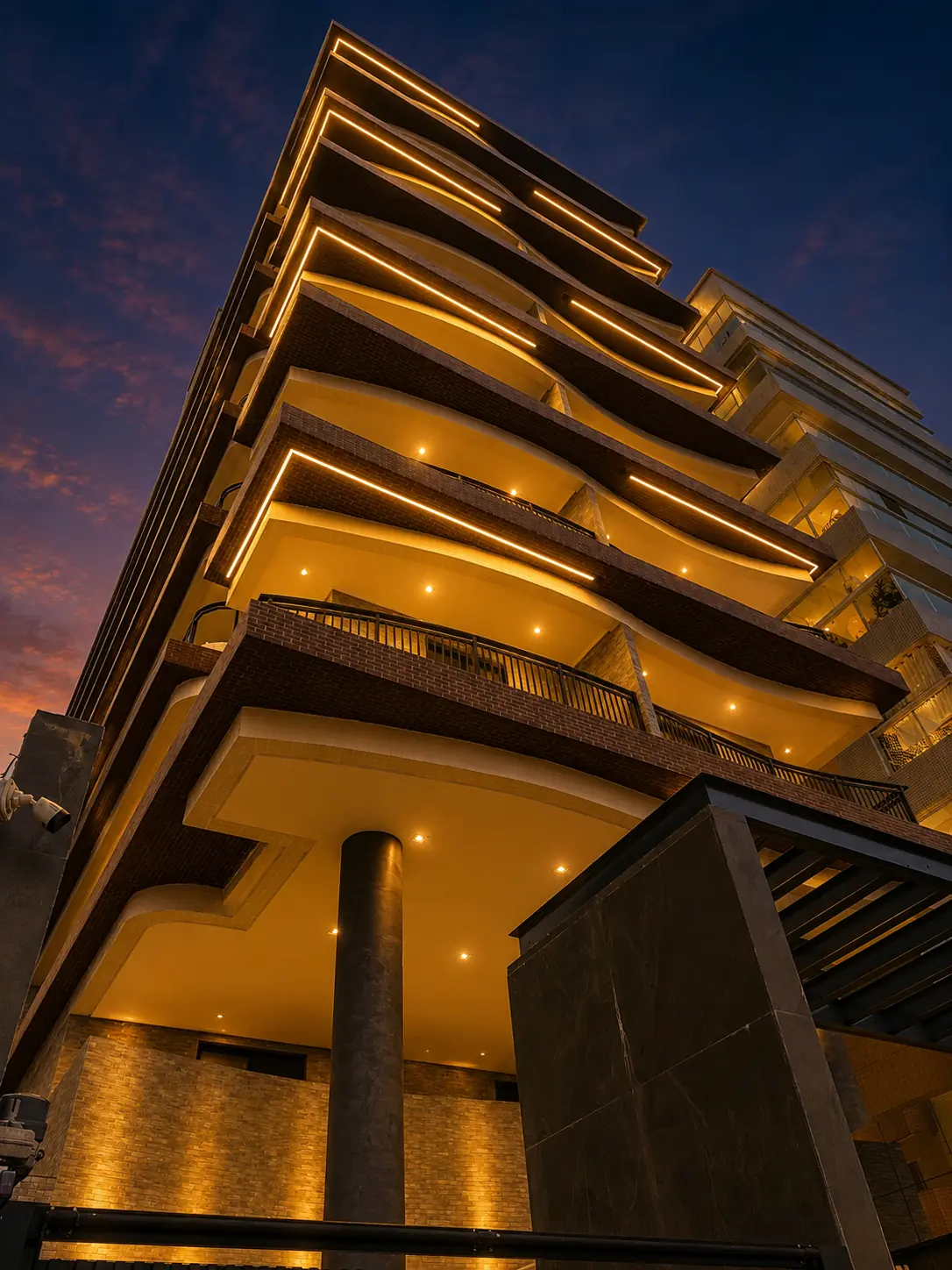 Fachada do Residence Evoque ao entardecer, prédio na Vila Tupi, Praia Grande